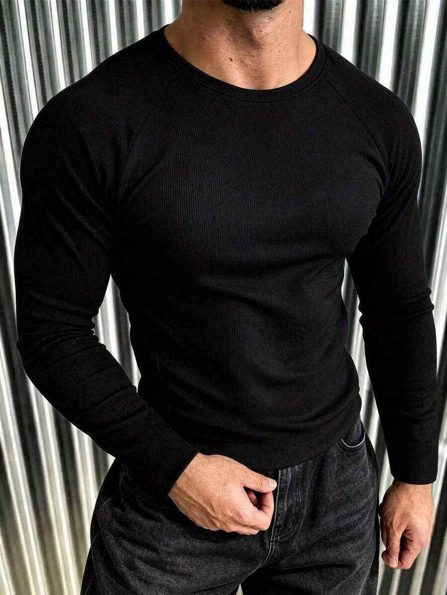 New Men's Casual Classic Ribbed Texture Crew Neck Raglan Sleeve Versatile Long Sleeve T-Shirt - Black - View 1