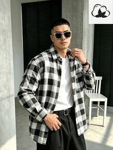 WAIT HIM 男士休闲拼接格子长袖衬衫，圣诞礼物 - 黑與白 - 查看 5