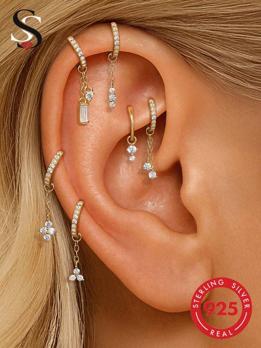 1pc 18K Gold Plated CZ Mini Zirconia Pendant Earring, Suitable For Helix Cartilage Piercing DIY Earring, Women's Daily And Party Wear - Multicolor - View 1