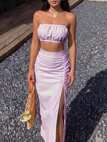 Women's Sexy Casual Cute Striped Strapless Ruched Slit Two Pieces Outfit Summer Elegant - Purple - View 4