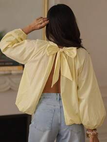 Plus Size Women's Solid Color French Lantern Sleeve Pleated Top, Casual Vacation Versatile Yellow - Yellow - View 1