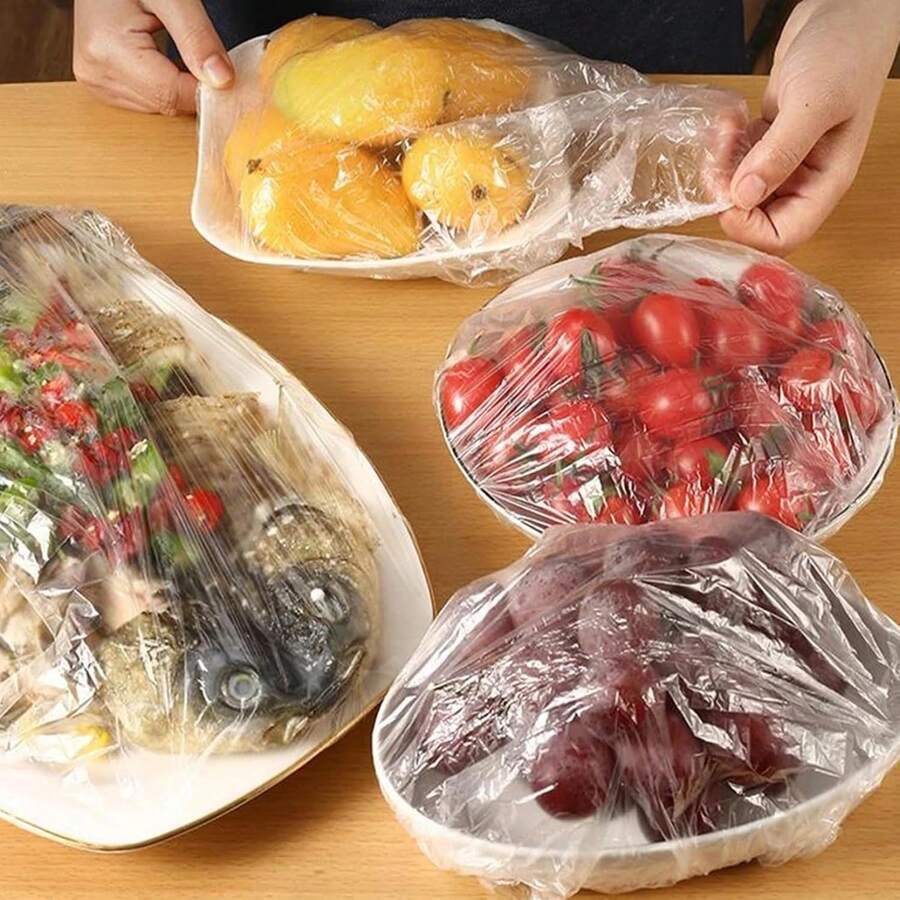 Food Storage Bags 100PCS, Transparent Cling Film, Elastic Plastic Wrap For Food - 1 - View 1