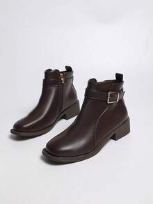 Women's Coffee Brown Metal Buckle Lace-Up Ankle Boots, Round Toe Low Square Heel Side Zipper Commuter Casual Short Boots - Coffee Brown - View 3