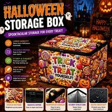 1pc Halloween Foldable Storage Box With Lid, Large Capacity Pumpkin Pattern Trick Or Treat Storage Bin, Waterproof Reinforced Handle Organizer, Suitable For Holiday Decor And Party Supplies - View 1