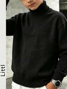 Boys' Pure Black High Neck Sweater, Soft Warm Knitted Pullover - Black - View 6