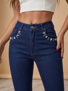 pthirillo Women Jeans - 水鑽及珍珠口袋花卉三件套 - 查看 3
