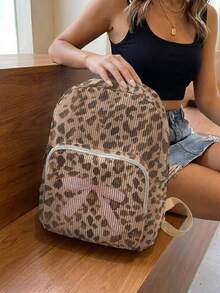 1PC Backpack, Women's Mini Backpack, Corduroy Girls School Bag, Travel Storage Bag, Leopard Print Design, Large Capacity Foldable Easy Storage Bag, Lightweight & Pressure-Relieving, Multi-Pocket Layered Design With Zipper Closure - Leopard Print Bow - View 4