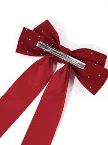 1 pieza Clip de pelo con lazo largo de terciopelo de unicolor con strass para mujer, accesorio de pelo de atmósfera suave, accesorio de retrato, regalo de vuelta a la escuela para niñas - Rojo con strass termoadhesivo - Ver 4