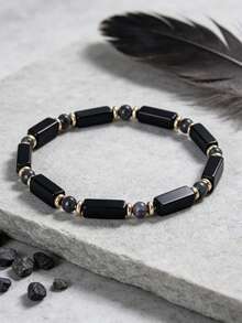 Black Onyx And Labradorite Rectangular Beaded Bracelet, Seize Opportunities Bracelet, Boho Style Healing Crystal Stackable Jewelry Gift For Men Women - Black - View 8