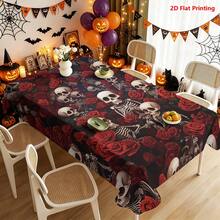 1/2pcs Halloween Tablecloth, Halloween Theme Skull And Red Rose Pattern Polyester Tablecloth Suitable For Dining Table, Coffee Table, Kitchen, Picnic, Camping, Country Farmhouse Decor, Holiday Table Setting - Multicolor - View 4