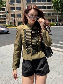 GMFP 女款春夏/秋冬休閒優雅時尚黑色鉚釘立領短款派對夾克，六月節慶假期日世界盃女裝上衣 - 墨綠色 - 查看 3