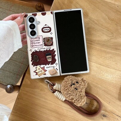 3D Dessert Coffee Bear Leather Texture Phone Case With Plush Bear Lanyard For S…