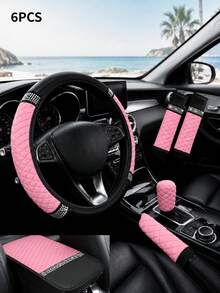 6/5/1pc Set Shiny Car Interior Accessories, Rhinestone Steering Wheel, Handbrake And Gear Shift Cover, Shoulder Pad, 15 Inch Rhinestone Leather Steering Wheel Cover, Soft And Elastic, Universal Fit, Suitable For Women - Style B - View 13