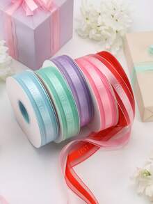 27m Satin Edge Organza Ribbon, Ins Style Transparent Mesh Yarn, Minimalist English Print Gift Packaging, Floral Cake Bouquet Binding Bow Making, DIY Handmade Material - Multicolor - View 8
