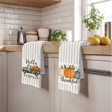 2PCS Kitchen Towels Valentine's Day Simple Striped Green Truck Pumpkin Print Microfiber Absorbent Kitchen Towels, 40*60cm Rectangular Dish Cloth, Tablecloth, Hand Towel, Kitchen Decor, Neighbor Housewarming Gift, Kitchen Napkins And Dish Cloth, Home Decor - Grey - View 10
