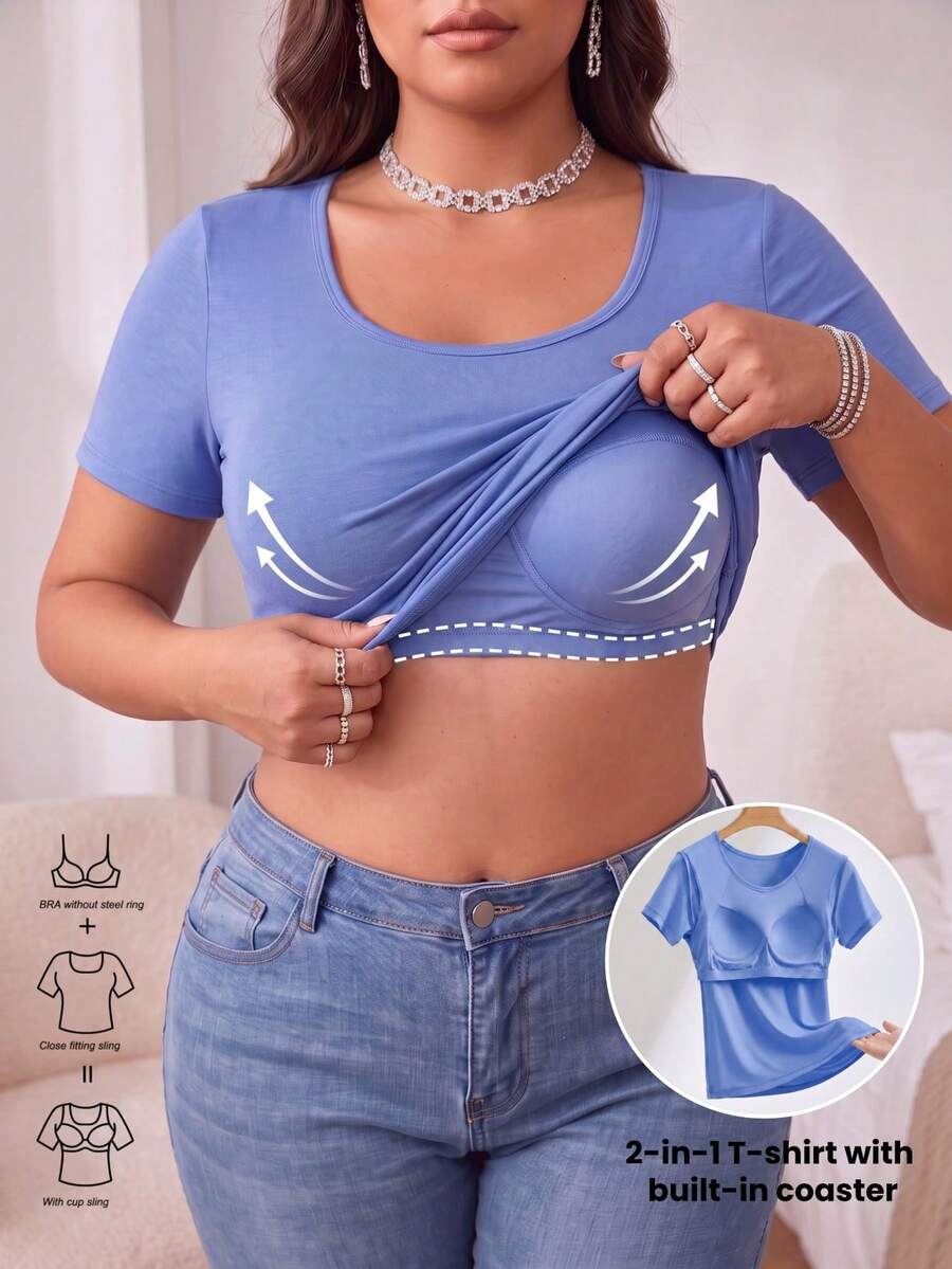 1‑Pack Plus‑Size Women's Crew Neck Short‑Sleeve Tee, 2‑In‑1 Knit Top With Built‑In Inner Support, For Casual Layering, Yoga, Fitness & Commute - Blue - View 1