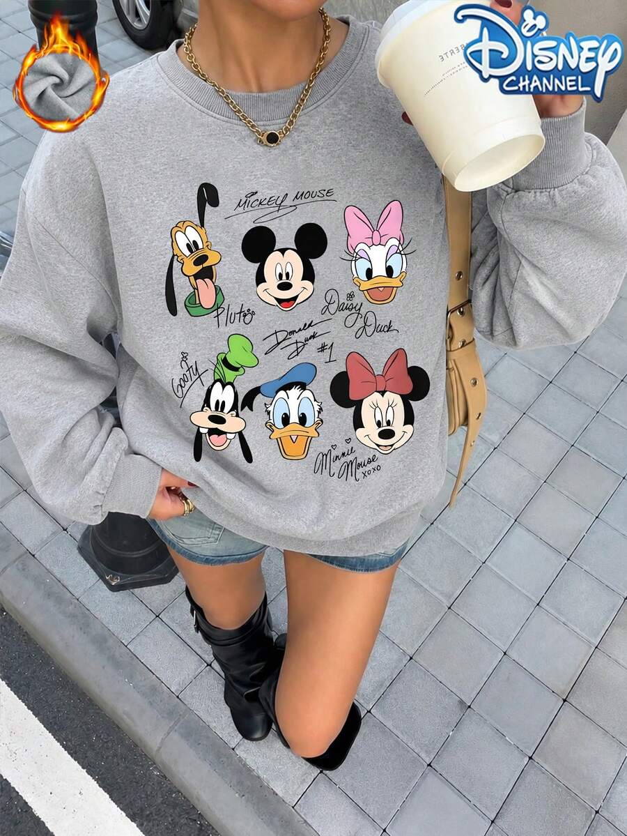 Start Disney Autumn/Winter Women's "Mickey Mouse And Donald Duck" Pattern Printed Street Commuter Y2k Clothing Grey Round Neck Sweatshirt - Grey - View 1
