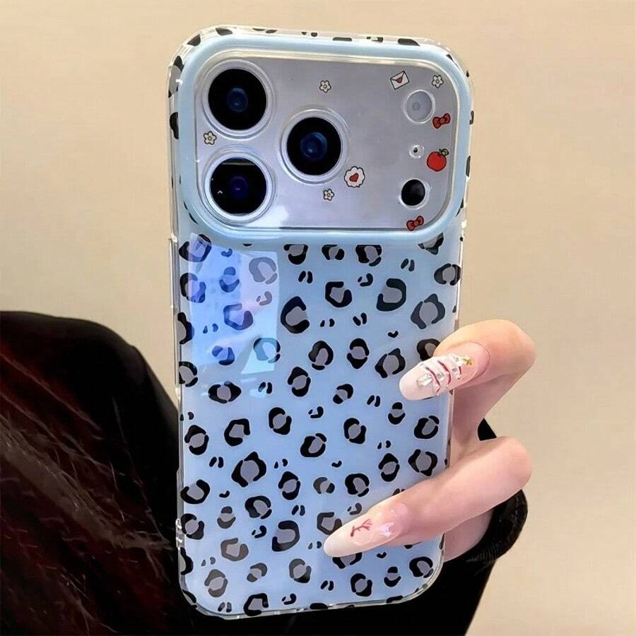 Fashionable Pink Leopard Print Design For IPhone 17 Pro Max 16 15 14 13 12 11 Pro Max Phone Case, Minimalist Protective Back Cover, Shockproof Soft Cover Suitable For Daily Use And Gifts In All Seasons, Valentine's Day, Christmas, Back To School Season Gift Selection - Baby Blue - View 1