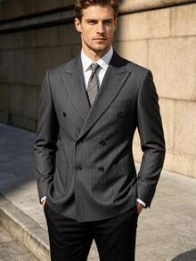 Men's Slim Fit Dark Grey TR Fabric Peak Lapel Double-Breasted Formal Suit Jacket, Suitable For Business, Banquet, Cocktail Party - Dark Grey - View 1