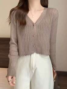 1 Black And White Apricot Green Thin Ruffle V-Neck Knit Cardigan Long Sleeve Sun Protection Shawl - Multicolor - View 9