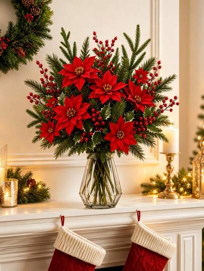 45pcs Christmas Artificial Poinsettia Flowers With Artificial Pine Branches Red Berries Stems, Faux Norfolk Pine Foliage Stems, DIY Wreath Home Decor, Artificial Winter Berry Plants, Suitable For Home Room Vases, Dining Table, Holiday Patio, Fireplace