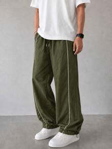 Olive Green Men's Sports Long Pants, Loose Fit Sweatpants, Contrast Trim, Drawstring Waist, Adjustable Drawstring Cuffs, Side Pockets, Athletic Wear - Army Green - View 3