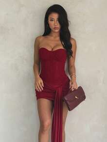 女款優雅酒紅色抹胸露背拼接緞帶洋裝，派對晚禮服，適合約會、聚會、派對 - 酒紅色 - 查看 4