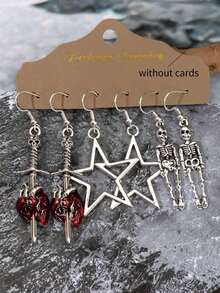 6pcs Vintage Gothic Dark Style Bat, Black Cat, Moon, Star, Skull Cat, Cross, Skull, Coffin Board Black Earrings Hoop Earrings Women Earrings Set (Card Not Included) - Multicolor - View 10
