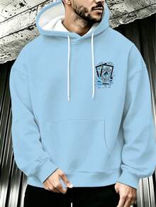 Plus Size Men's Light Sky Blue Hoodie, Back Vintage Blue & Black Double Ace Of Spades Playing Card Print, Loose Fit - Baby Blue - View 2