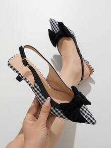 Women's Kitten Heel Shoes, Women's Thin High Heel Bow Closed Toe Sandals Roman Pointed Toe Kitten Heel Shoes Fairy Style Elastic Buckle High Heels, Elegant Women's Shoes, Autumn/Winter New Comfortable Commute Party Shopping Evening Dress Black High Heels, Checkerboard High Heels - Black - View 1