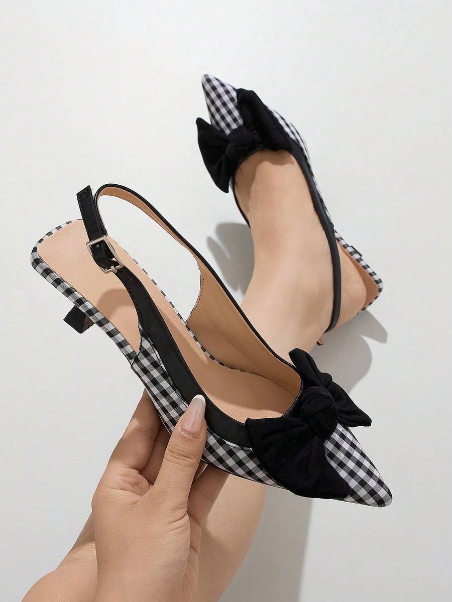 Women's Kitten Heel Shoes, Women's Thin High Heel Bow Closed Toe Sandals Roman Pointed Toe Kitten Heel Shoes Fairy Style Elastic Buckle High Heels, Elegant Women's Shoes, Autumn/Winter New Comfortable Commute Party Shopping Evening Dress Black High Heels, Checkerboard High Heels - Black - View 1
