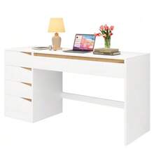 Desk 140x50 Cm With 5 Drawers, White/Oak Effect, Modern Computer Desk With Extra-Large Work Surface, Dressing Table With Storage, Desk For Remote Work, Bedroom And Office - 白色 - 查看 1