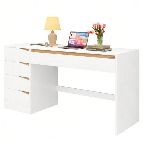 Desk 140x50 Cm With 5 Drawers, White/Oak Effect, Modern Computer Desk With Extra-Large Work Surface, Dressing Table With Storage, Desk For Remote Work, Bedroom And Office - 白色 - 查看 1