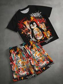 "Graffiti Cute Penguin Print" Pattern Sports Set - Polyester Knit Fabric, Plus Size Men's Street Casual Minimalist Series Crew Neck Design, Drawstring Shorts, Pocket Details, Regular Fit, Suitable For Plus Size Body - Black - View 2
