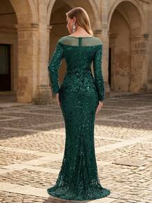Romagic Long Sleeve Floral Sequin Patchwork Mesh Evening Maxi Dress Elegant Party Event Gown For Women - Dark Green - View 5