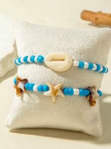 2 Ocean Sea Star Shell Faux Pearl Bead Set Foot Chain Girl's Beach Vacation Style Ankle Accessories - Blue - View 1
