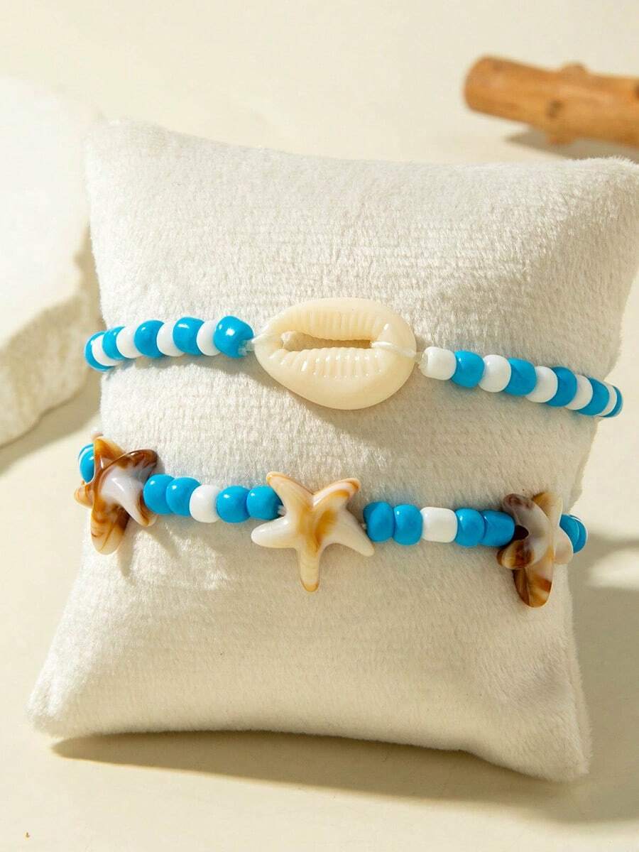 2 Ocean Sea Star Shell Faux Pearl Bead Set Foot Chain Girl's Beach Vacation Style Ankle Accessories - Blue - View 1