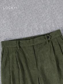 1pc Men's Casual Corduroy Straight Leg Pants, Front Pleats, Side Buckle, Vintage Autumn/Winter Style - Green - View 3