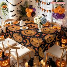 1/2件裝萬聖節桌布，萬聖節主題橘色南瓜星星月亮圖案聚酯纖維桌布，適用於餐桌、廚房、咖啡桌、野餐、露營、鄉村農舍裝飾，節日桌面保護 - 彩色 - 查看 6