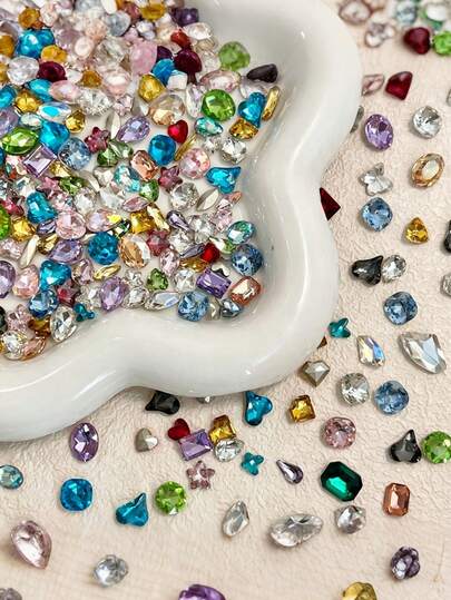 100pcs Candy Soda Nail Art Rhinestones Mixed Assorted Water Drop Pointed Bottom Colorful Irregular Rhinestones, Suitable For Nail Art DIY Embellishment Rhinestone Accessories Decoration, Random Style And Color