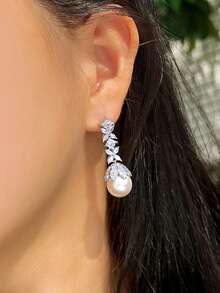 1 Pair Classy Silver Plated Long Leaf Cubic Zirconia Crystal Drop Pearl Dangle Earrings For Wedding Party Prom Daily To Women Girlfriends Wife Mother Gift - White - View 5