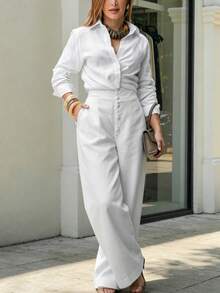 White Linen Front Cross Shirt, Women's Casual Long Sleeve Button Detail Top - White - View 10