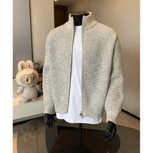 Herren Herbst Reißverschluss Pullover Strick Pullover American Stand Up Kragen Cardigan Jacke - Hellgrau - Übersicht 5