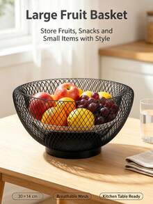 Black Metal Fruit Basket, Round Hollow Mesh Countertop Fruit Bowl, 3 Sizes Available, Fruit Holder With Stable Base, Ventilated Metal Storage Bowl For Fruits, Snacks And Tabletop Home Decorations - Black - View 5