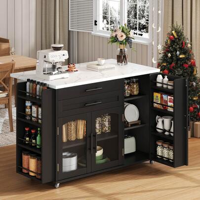 Mobile Kitchen Island With Folding Work Area, Kitchen Trolley, 5 Wheels, Multiple Storage Solutions, Spice Rack, Cutlery Drawer, 120 X 45 (70) X 90 Cm, 138 X 70 X 90 Cm
