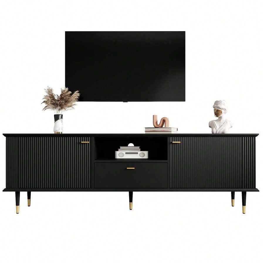 TV Stand With Open Shelves And Drawers - Black - 黑色 - 查看 1