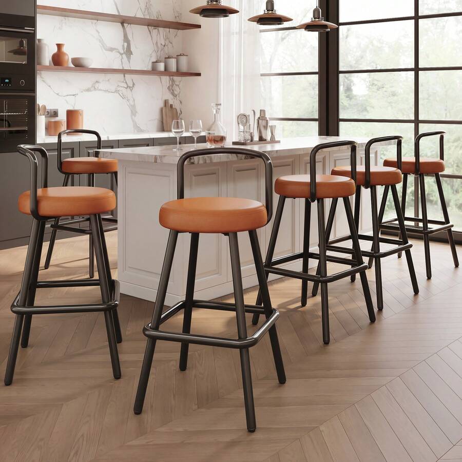 Set Of 6 Dining Chair, Brown PU Leather - 棕色 - 查看 1