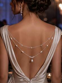 1pc Fashion Crystal Pearl Pendant Multi-Layer Back Chain Women's Evening Party Dress Back Chain - Silver - View 1