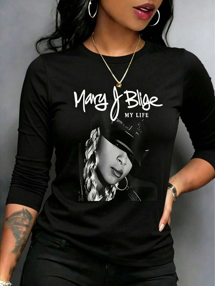 1 Pcs, Casual 100% Cotton Graphic Print Long Sleeve Tops, Y2K, Tops For Women, Fall Women Clothes, Going Out Tops Women, Vacation Outfits Women - 黑色10 - 查看 1