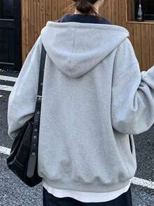 Sweatshirt Lengan Panjang Longgar dengan Resleting untuk Wanita, Jaket Sweatshirt Berkerudung dengan Desain Colorblock Kasual dan Serbaguna - Grey - View 6